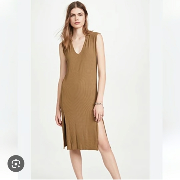 LNA Easy Rib Tank Dress Midi - Olive Khaki V Neck Sleeveless Slits S - Picture 1 of 13